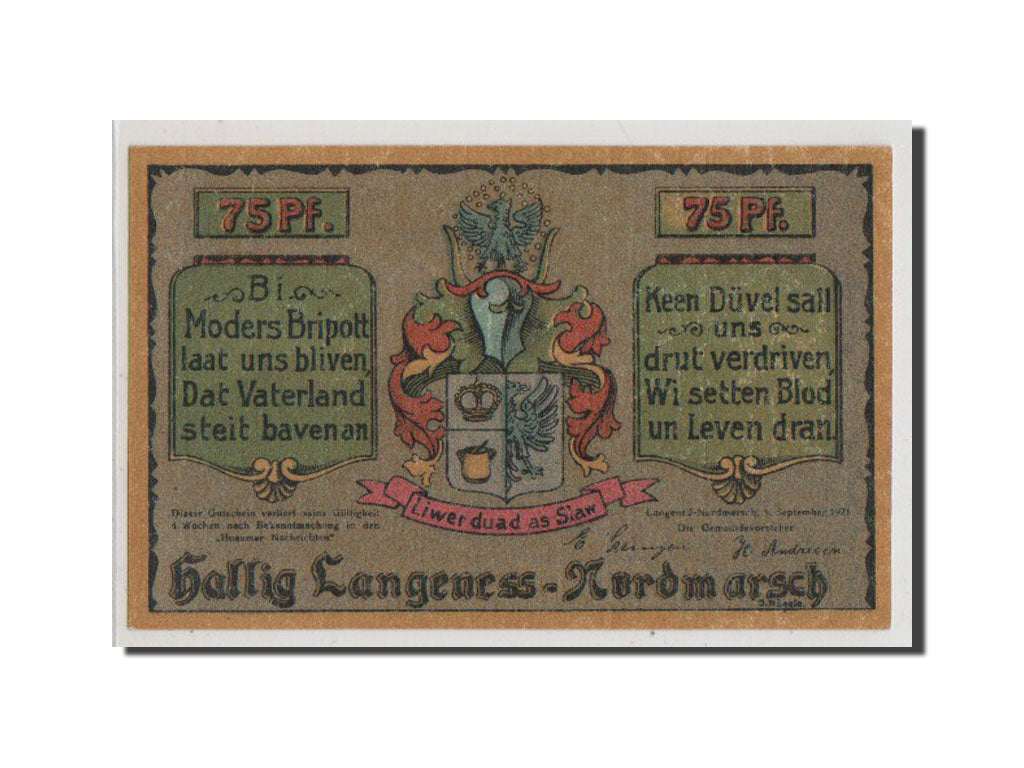 Banconote, Germania, Langeness Nordmarsch, 75 Pfennig, 1921, FDS, Mehl:767.1