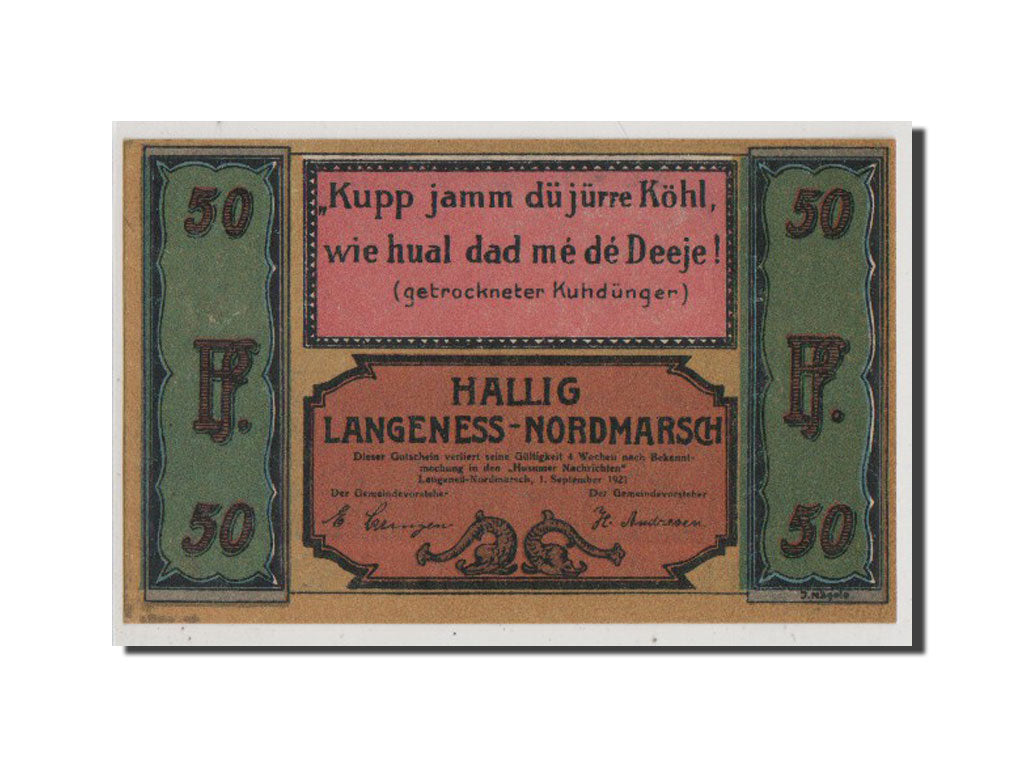 Geldschein, Deutschland, Langeness Nordmarsch, 50 Pfennig, 1921, UNZ, Mehl:767.1