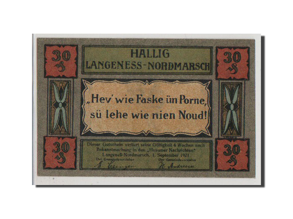 Geldschein, Deutschland, Langeness Nordmarsch, 30 Pfennig, 1921, UNZ, Mehl:767.1
