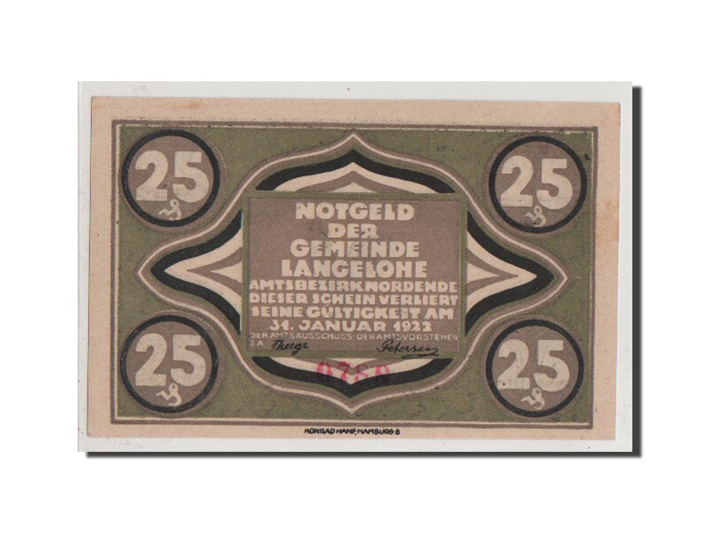 Banconote, Germania, Langelohe Gemeinde, 25 Pfennig, FDS, Mehl:765.2a