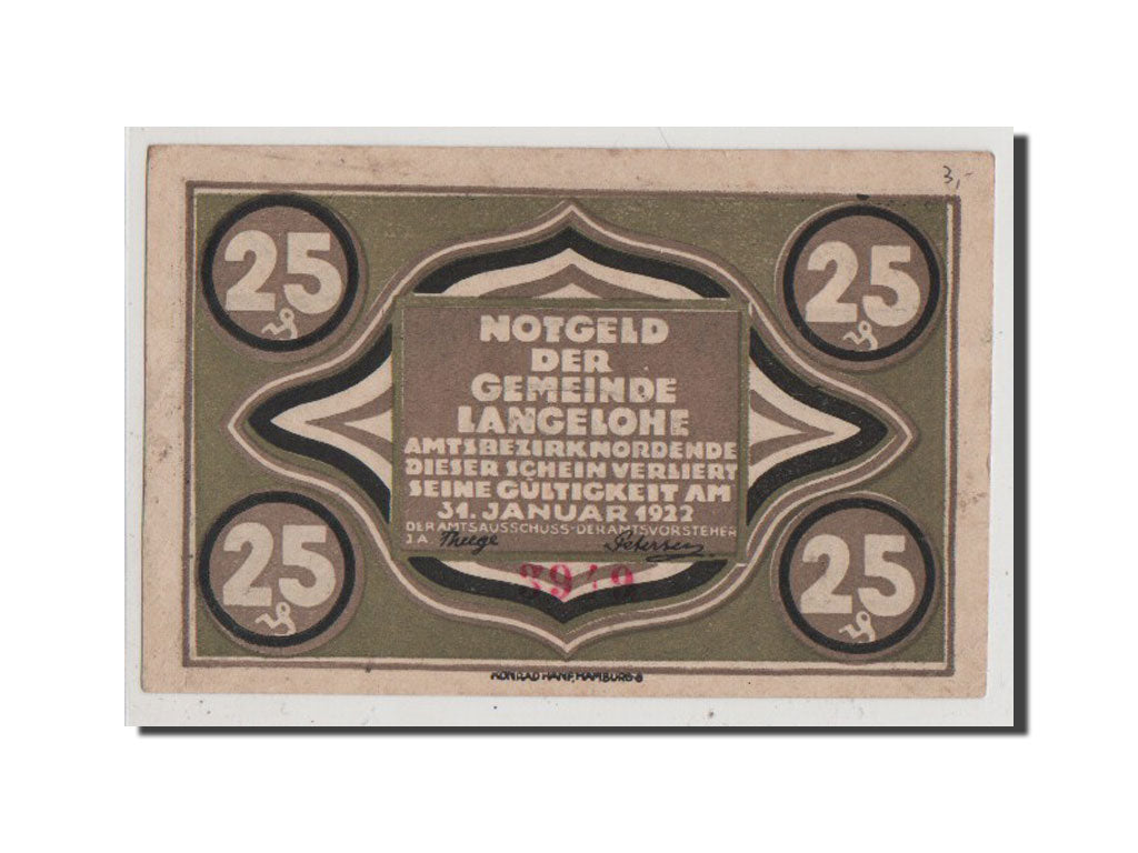 Geldschein, Deutschland, Langelohe Gemeinde, 25 Pfennig, UNZ-, Mehl:765.2a