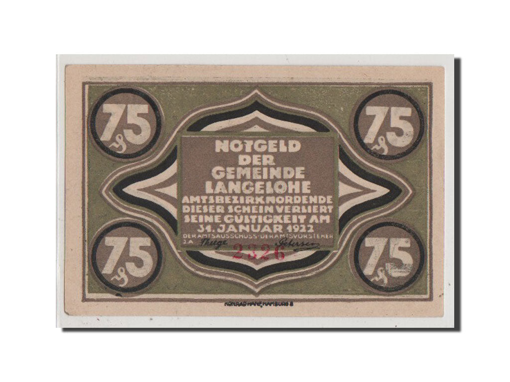 Banconote, Germania, Langelohe Gemeinde, 75 Pfennig, SPL+, Mehl:765.1a