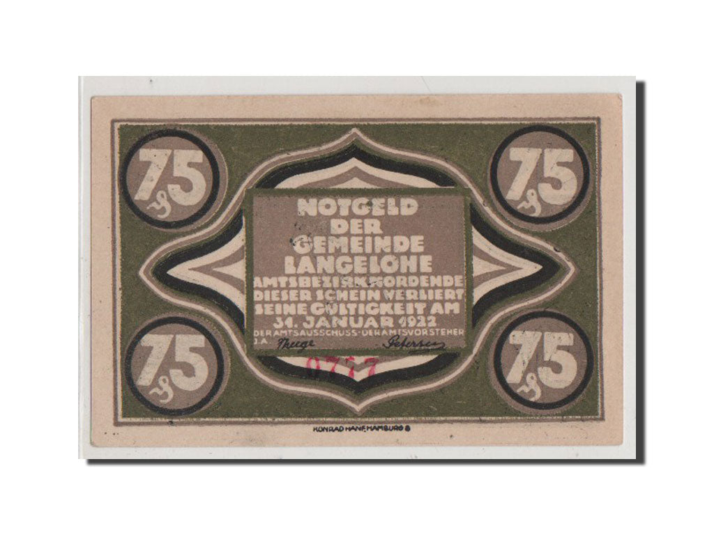 Geldschein, Deutschland, Langelohe Gemeinde, 75 Pfennig, UNZ-, Mehl:765.1a