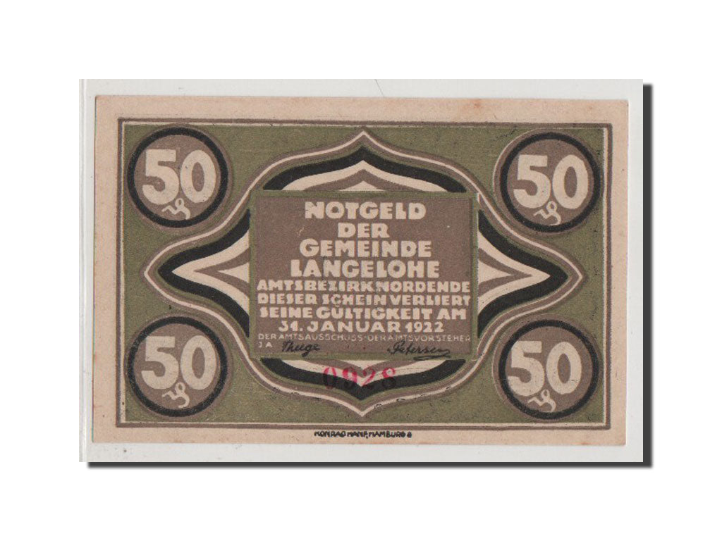 Geldschein, Deutschland, Langelohe Gemeinde, 50 Pfennig, UNZ, Mehl:765.1a