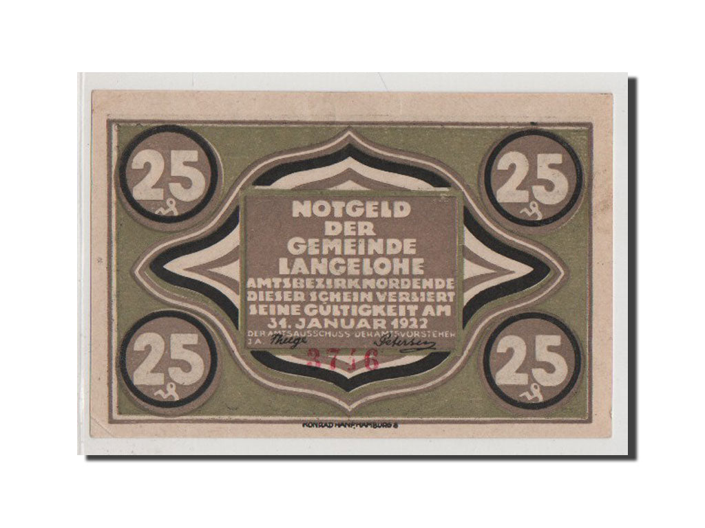 Banconote, Germania, Langelohe Gemeinde, 25 Pfennig, SPL+, Mehl:765.1a
