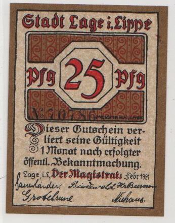 Billet, Allemagne, Lage Stadt, 25 Pfennig, 1921, 1921-02-01, NEUF, Mehl:757.2