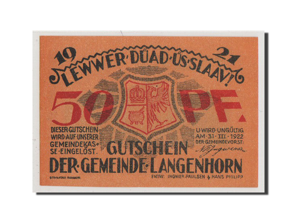 Banconote, Germania, Langenhorn Germeinde, 50 Pfennig, 1921, FDS, Mehl:768.1