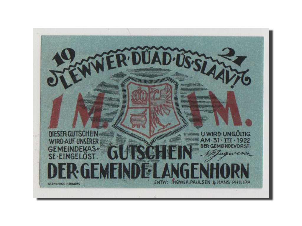 Geldschein, Deutschland, Langenhorn Germeinde, 1 Mark, 1921, UNZ, Mehl:768.1