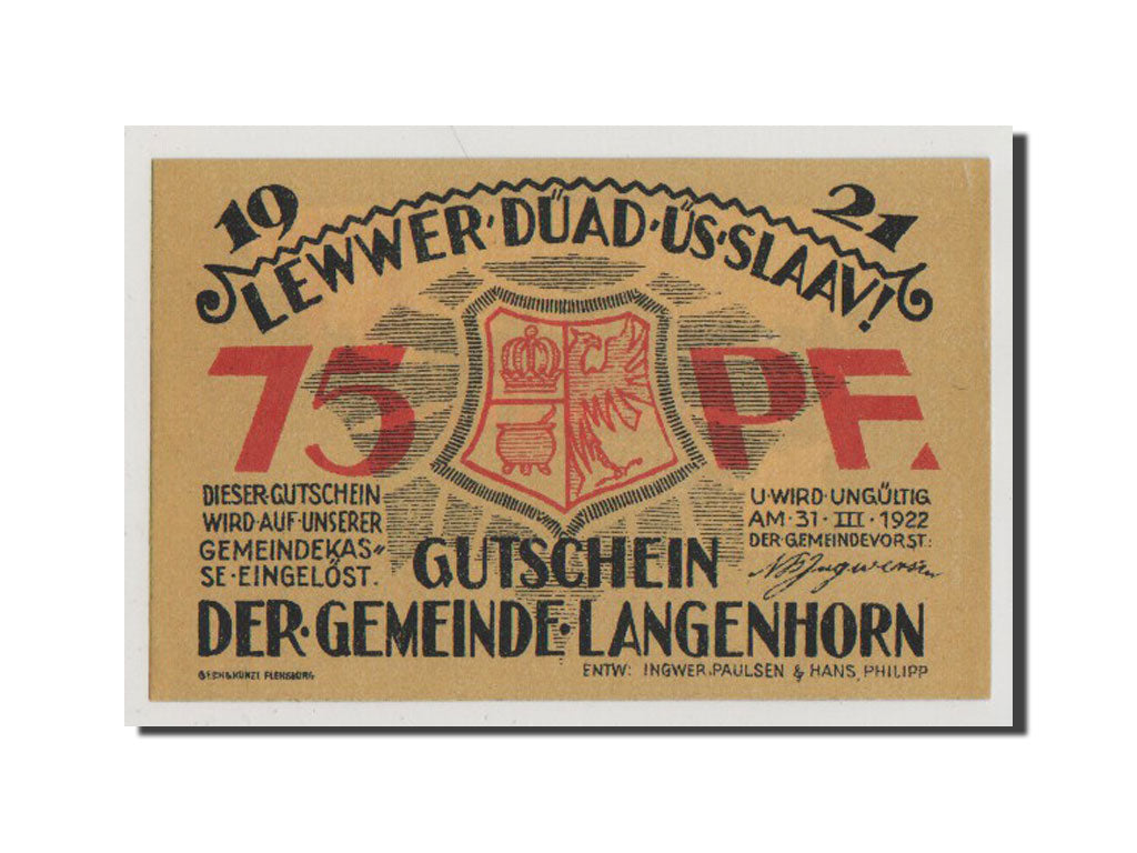 Geldschein, Deutschland, Langenhorn Germeinde, 75 Pfennig, 1921, UNZ, Mehl:768.1