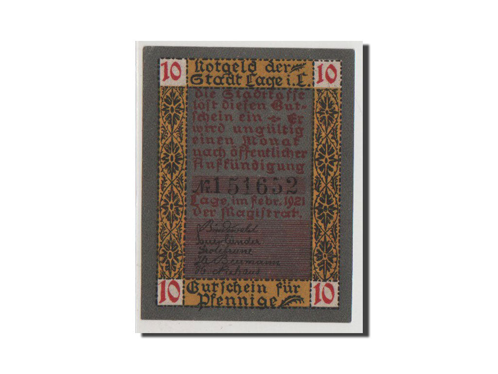 Billet, Allemagne, Lage Stadt, 10 Pfennig, 1921, 1921-02-01, SPL+, Mehl:757.1