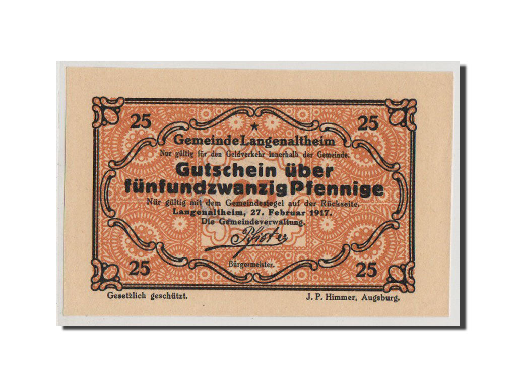 Banconote, Germania, Langenaltheim, 25 Pfennig, 1917, FDS, Mehl:766.4