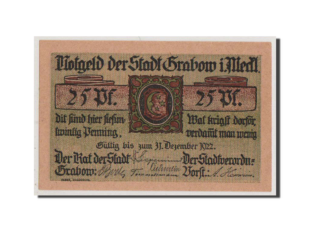 Banconote, Germania, Grabow, 25 Pfennig, FDS, Mehl:460.3