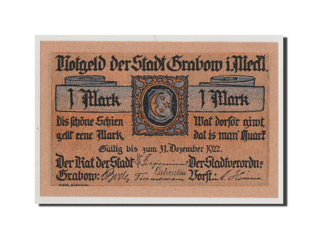 Banconote, Germania, Grabow, 1 Mark, FDS, Mehl:460.3