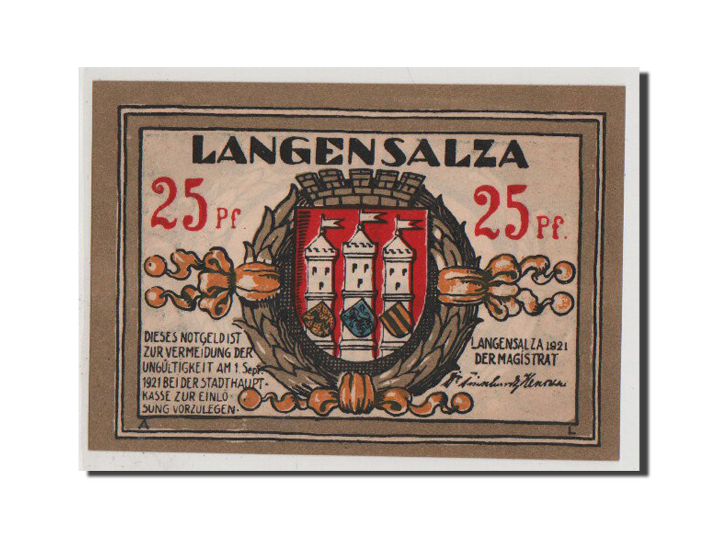 Billete, Alemania, Langensalza Stadt, 25 Pfennig, 1921, UNC, Mehl:770.1