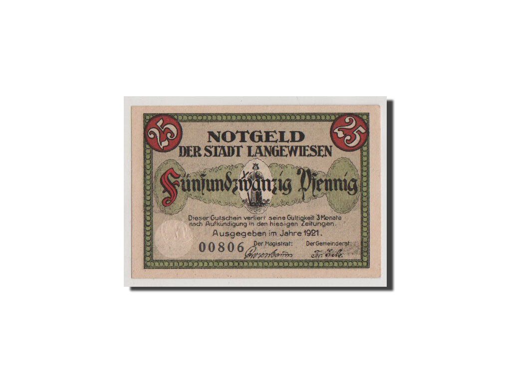 Billet, Allemagne, Langewiesen, 25 Pfennig, 1921, NEUF, Mehl:772.1