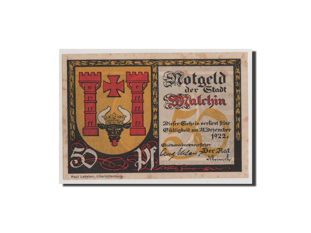 Banconote, Germania, Malchin Stadt, 50 Pfennig, SPL+, Mehl:862.2