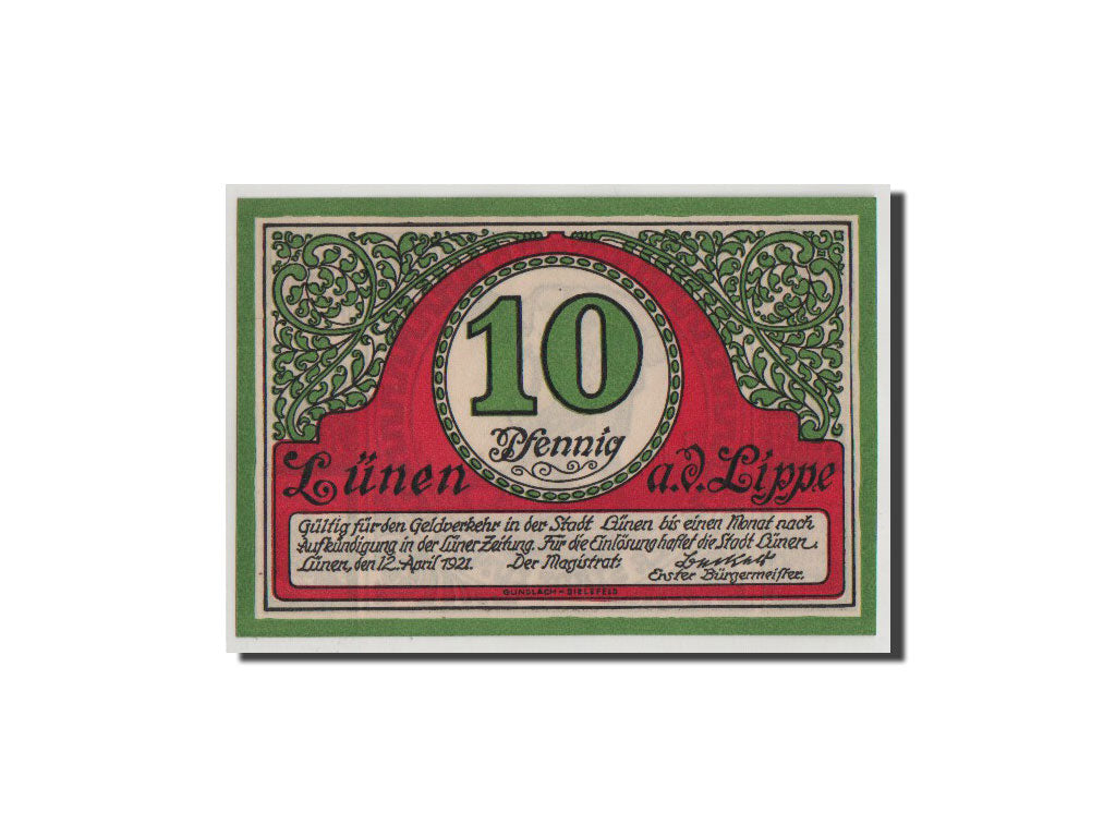 Biljet, Duitsland, Lunen Stadt, 10 Pfennig, 1921, NIEUW, Mehl:841.1