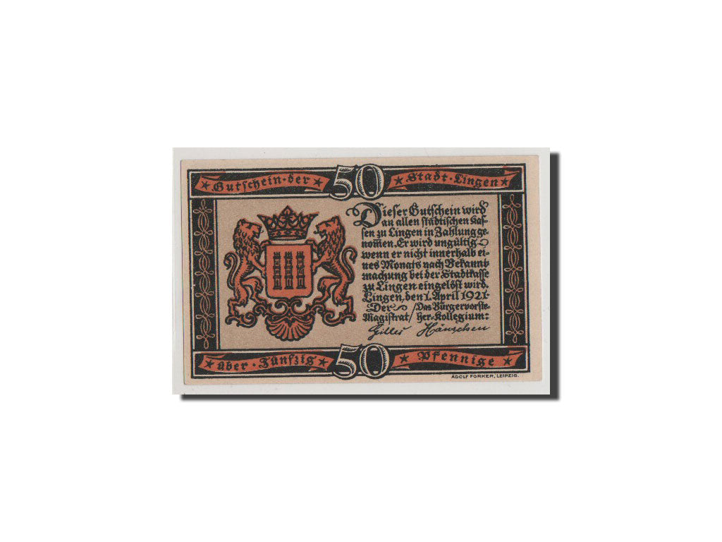 Billet, Allemagne, Lingen Stadt, 50 Pfennig, 1921, NEUF, Mehl:803.2