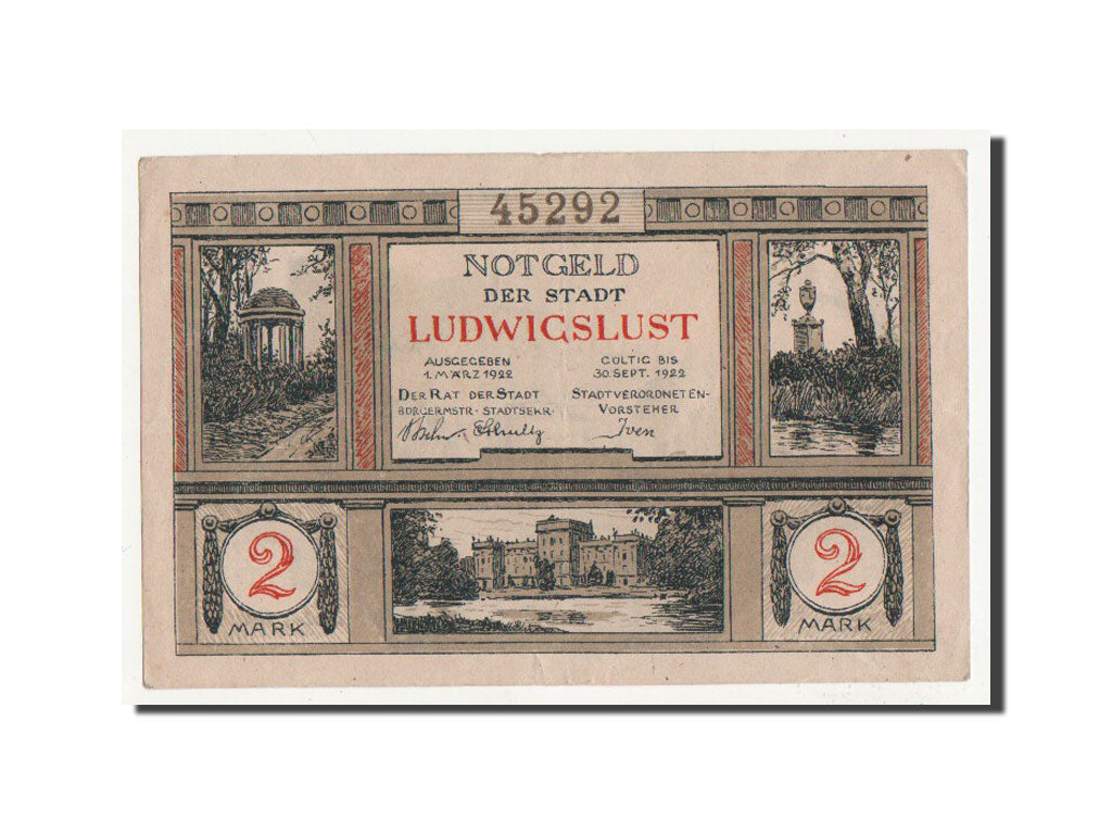 Banconote, Germania, Ludwigslust, 2 Mark, 1922, FDS, Mehl:818.2