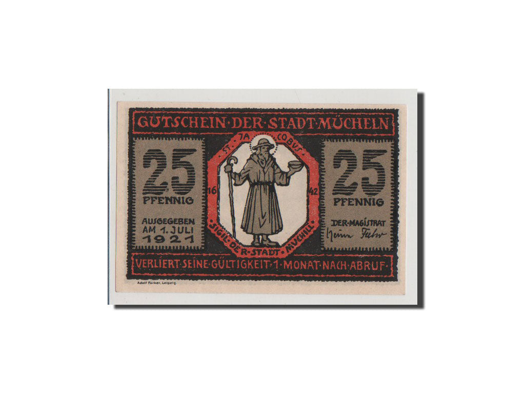 Geldschein, Deutschland, Mucheln Stadt, 25 Pfennig, 1921, UNZ, Mehl:902.1