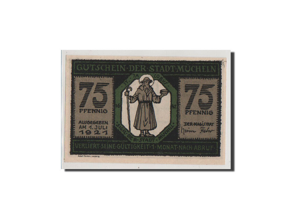 Geldschein, Deutschland, Mucheln Stadt, 75 Pfennig, 1921, UNZ, Mehl:902.1