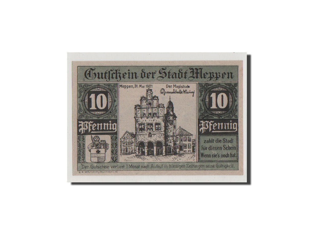 Geldschein, Deutschland, Meppen, 10 Pfennig, 1921, UNZ, Mehl:883.1