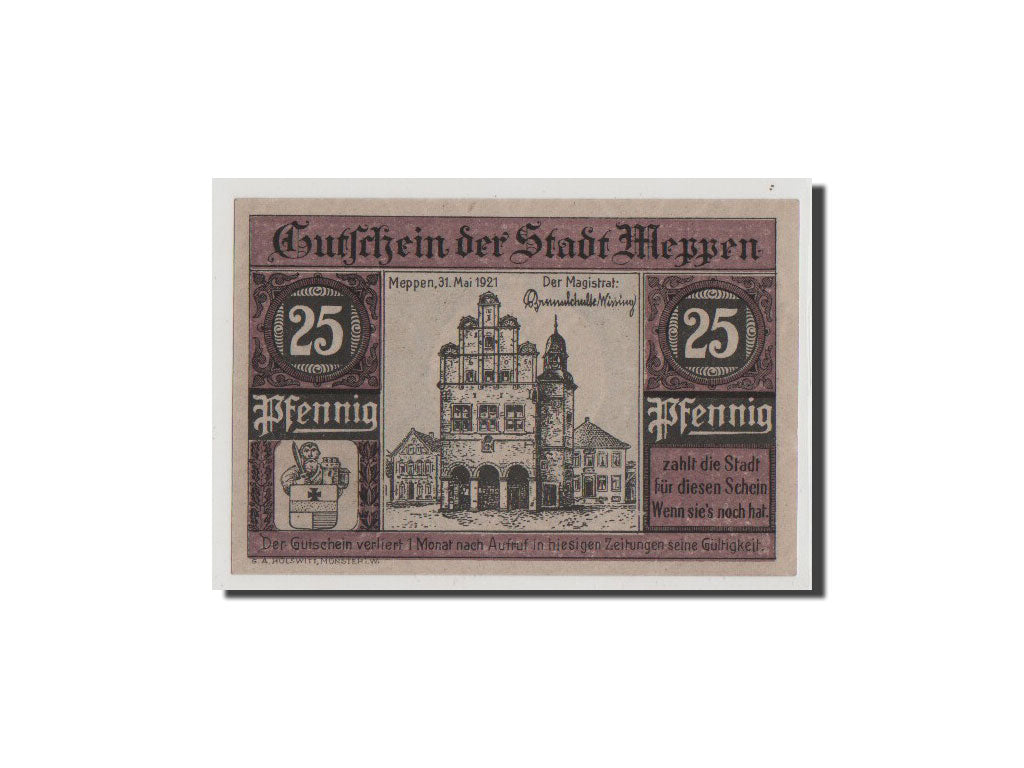 Geldschein, Deutschland, Meppen, 25 Pfennig, 1921, UNZ, Mehl:883.1