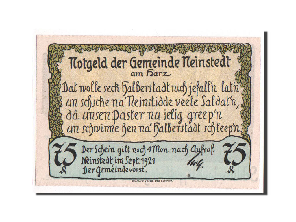 Geldschein, Deutschland, Neinstedt, 75 Pfennig, 1921, 1921-09-01, UNZ