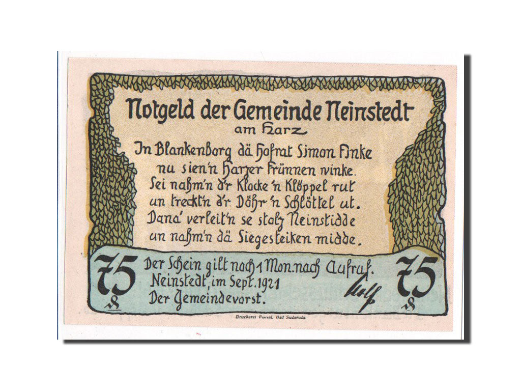 Banconote, Germania, Neinstedt, 75 Pfennig, 1921, 1921-09-01, FDS, Mehl:933.4