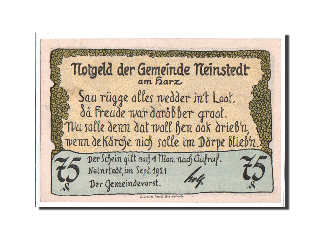 Banconote, Germania, Neinstedt, 75 Pfennig, 1921, 1921-09-01, FDS, Mehl:933.4