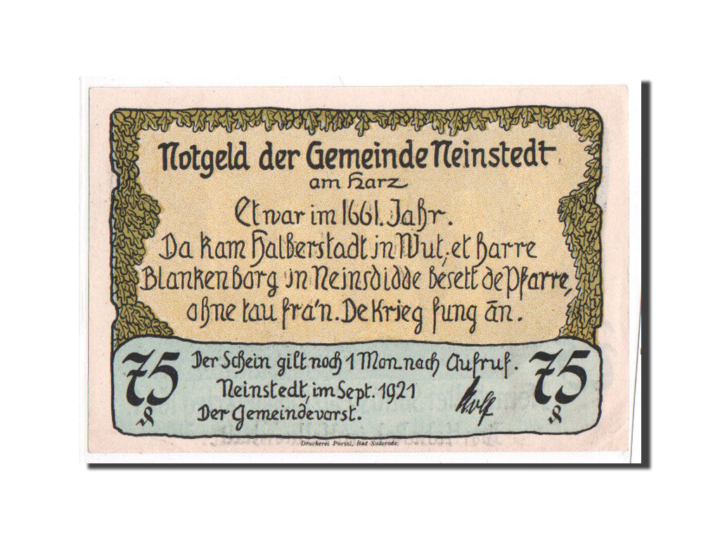 Banconote, Germania, Neinstedt, 75 Pfennig, 1921, 1921-09-01, FDS, Mehl:933.4