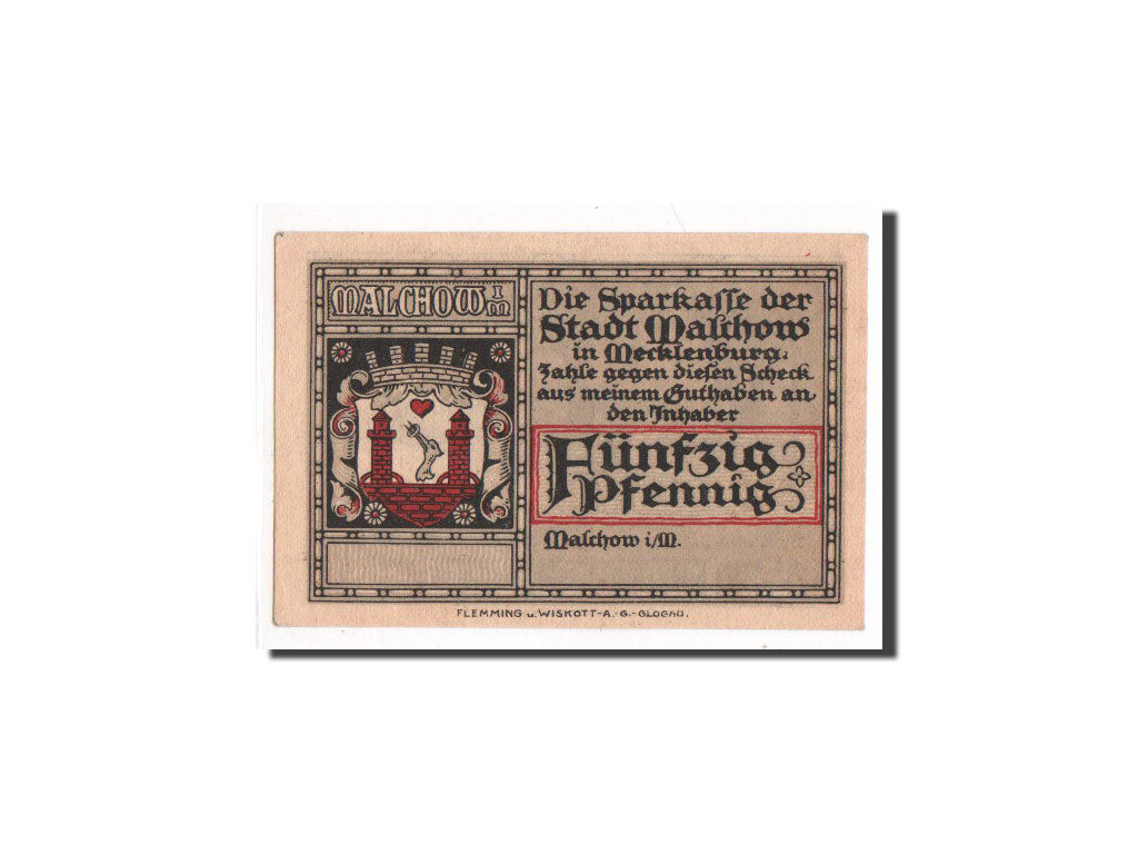 Billet, Allemagne, Malchow Stadt, 50 Pfennig, NEUF, Mehl:863.3c