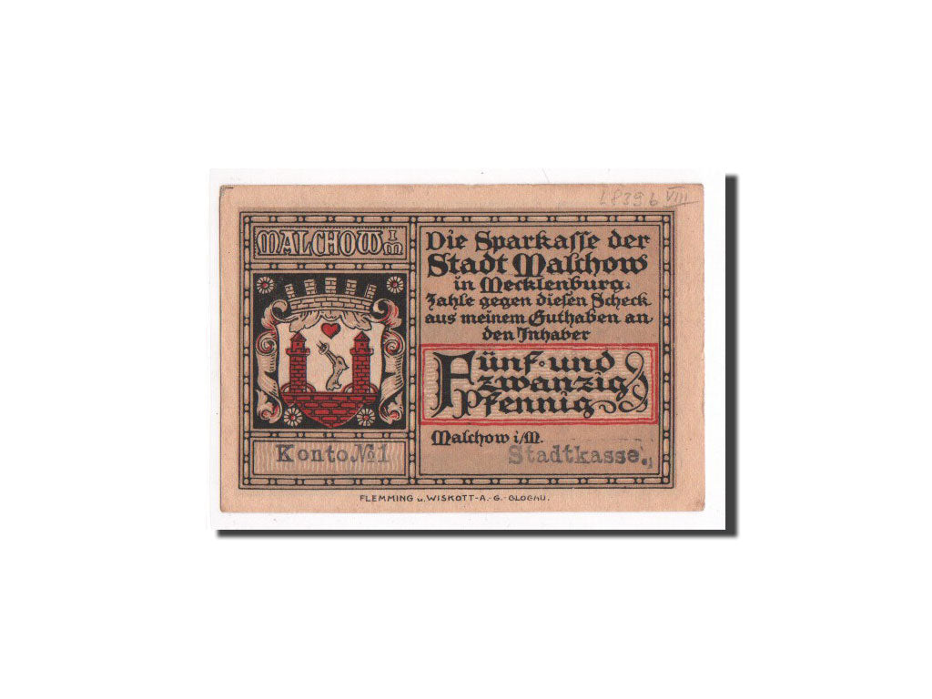 Banconote, Germania, Malchow Stadt, 25 Pfennig, SPL+, Mehl:863.3a