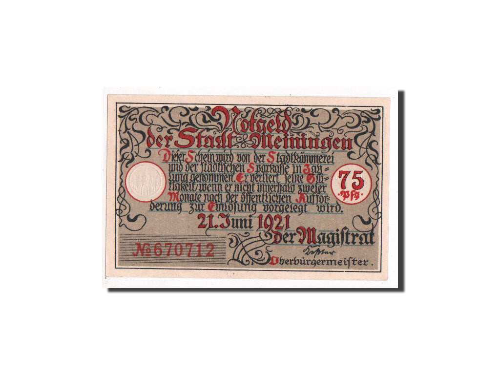 Banconote, Germania, Meiningen Stadt, 75 Pfennig, 1921, FDS, Mehl:877.2