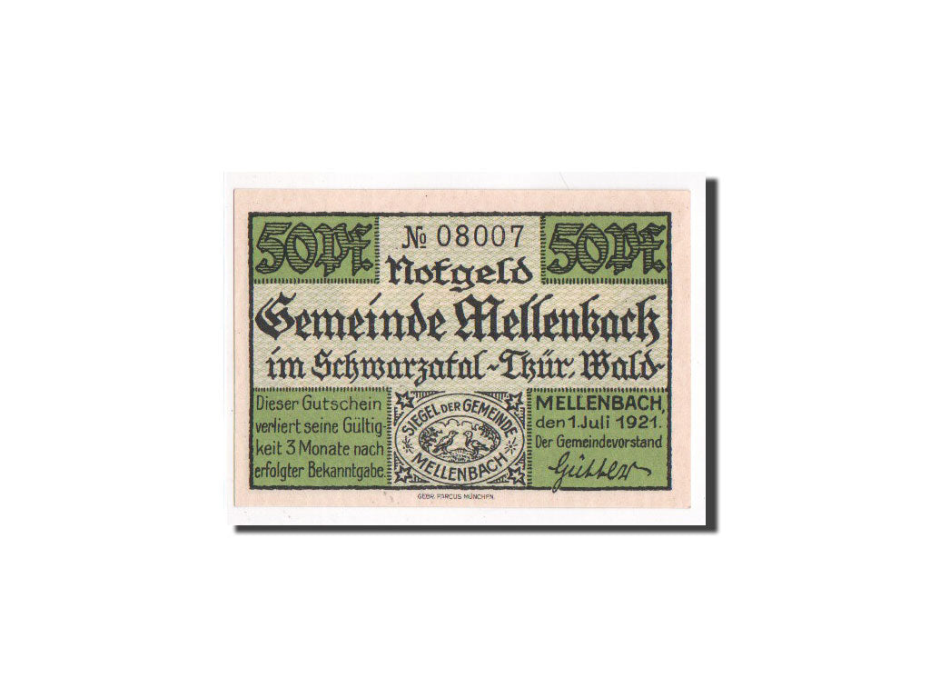 Banconote, Germania, Mellenbach Gemeinde, 50 Pfennig, 1921, FDS, Mehl:880.1a