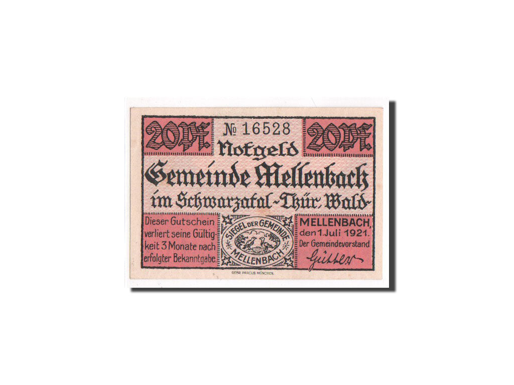 Banconote, Germania, Mellenbach Gemeinde, 20 Pfennig, 1921, FDS, Mehl:880.1a
