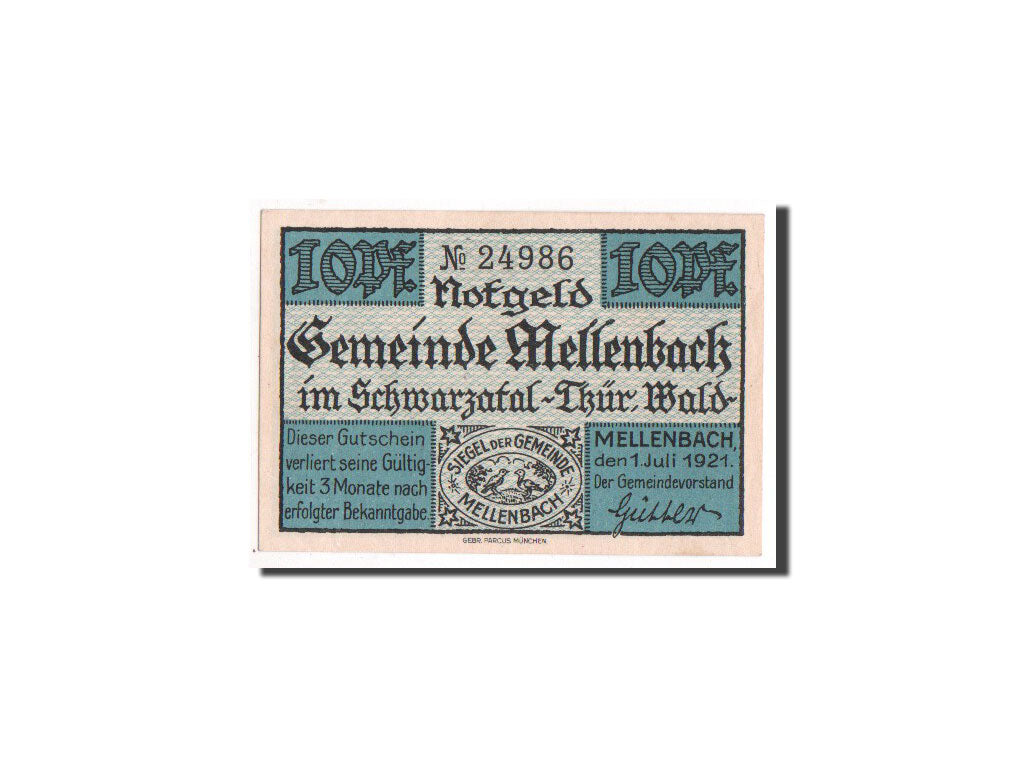 Banconote, Germania, Mellenbach Gemeinde, 10 Pfennig, 1921, FDS, Mehl:880.1a