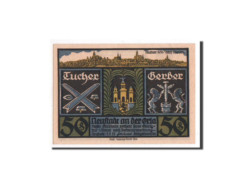 Geldschein, Deutschland, Neustadt a.d Orla Stadt, 50 Pfennig, 1921, UNZ