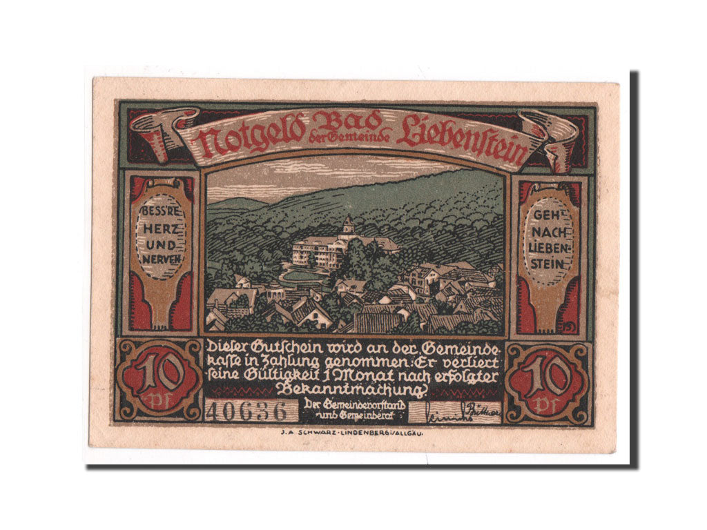 Geldschein, Deutschland, Liebenstein Bad Gemeinde, 10 Pfennig, UNZ, Mehl:799.1a