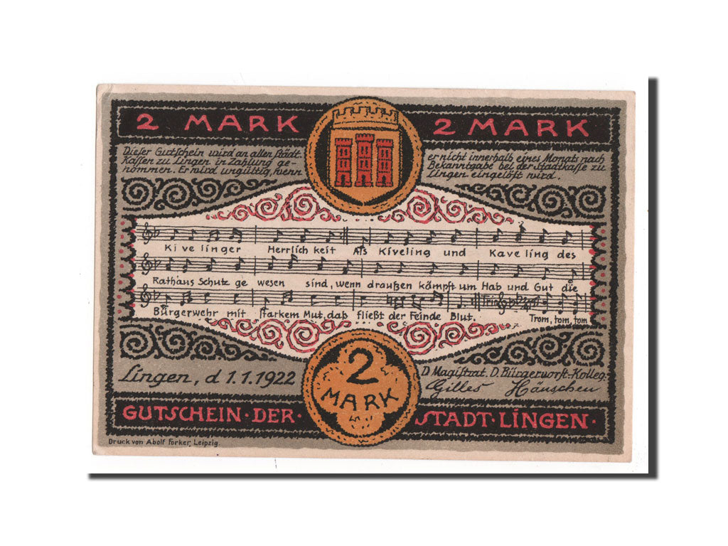 Banknote, Germany, Lingen Stadt, 2 Mark, 1922, UNC(65-70), Mehl:803.4