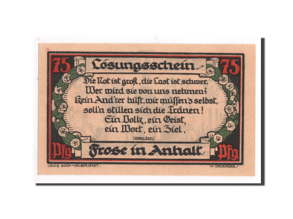 Banknote, Germany, Frose, 75 Pfennig, personnage, UNC(65-70), Mehl:398.5