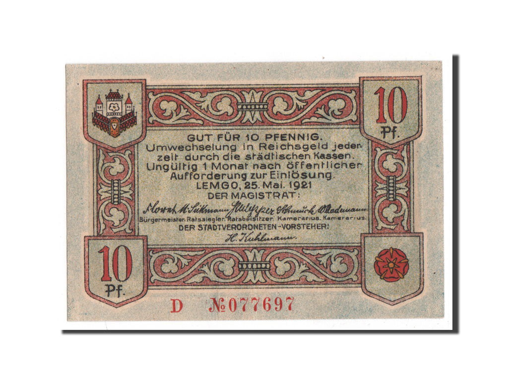 Banknote, Germany, Lemgo Stadt, 10 Pfennig, 1921, UNC(65-70), Mehl:789.3