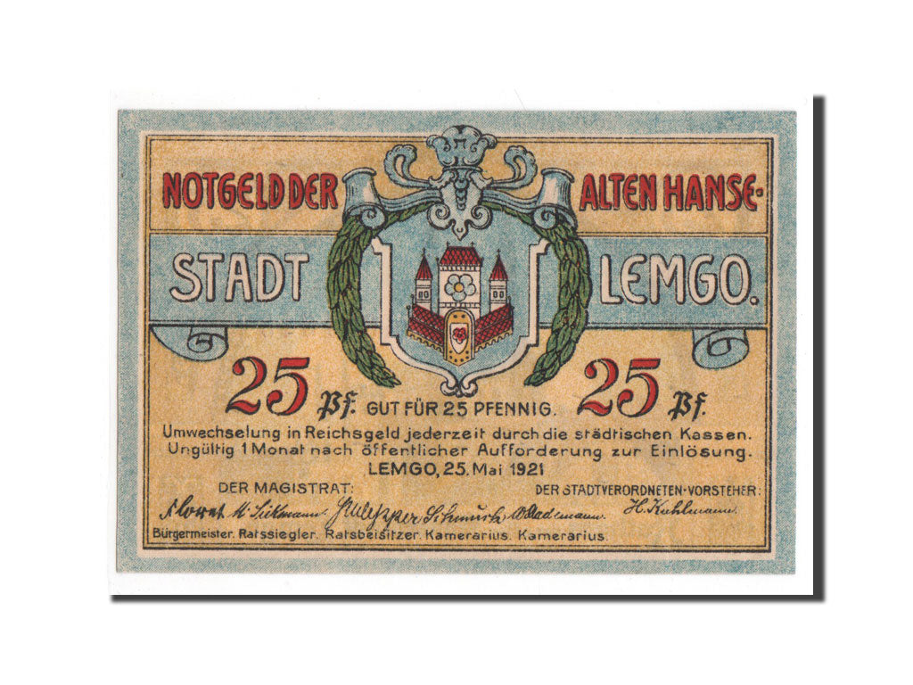 Banknote, Germany, Lemgo Stadt, 25 Pfennig, 1921, UNC(65-70), Mehl:789.3