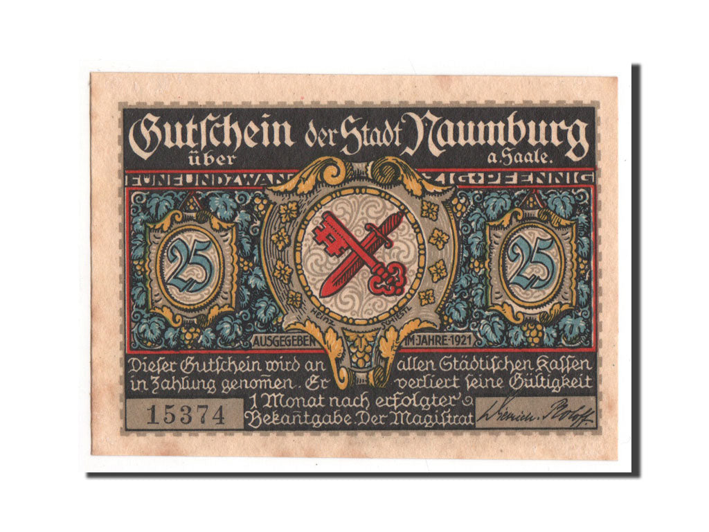 Billet, Allemagne, Naumburg a.S. Stadt, 25 Pfennig, 1921, NEUF, Mehl:928.7
