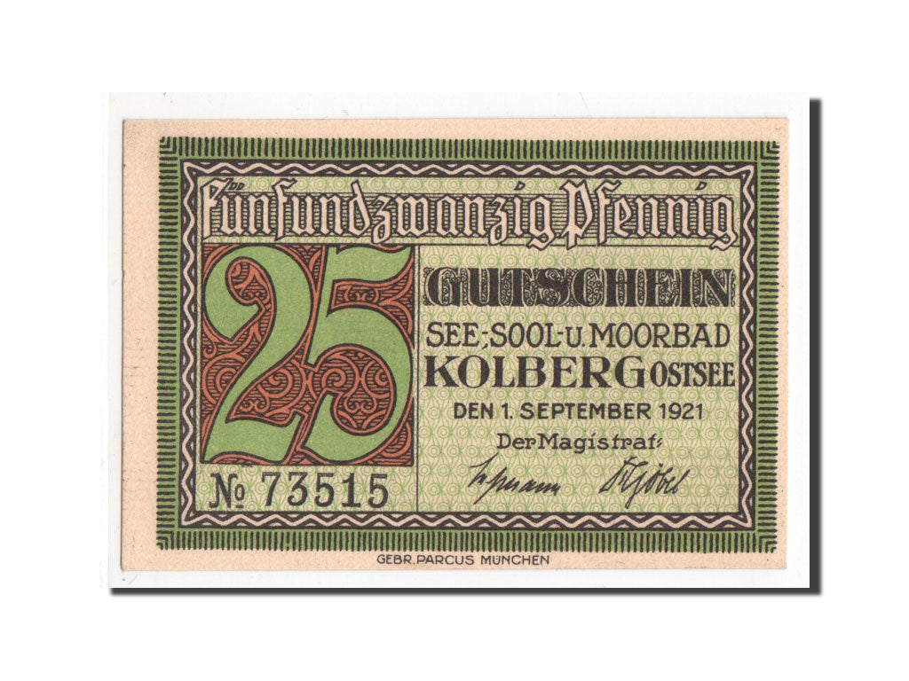 Banknote, Germany, Kolberg Stadt, 25 Pfennig, 1921, UNC(65-70), Mehl:737.1