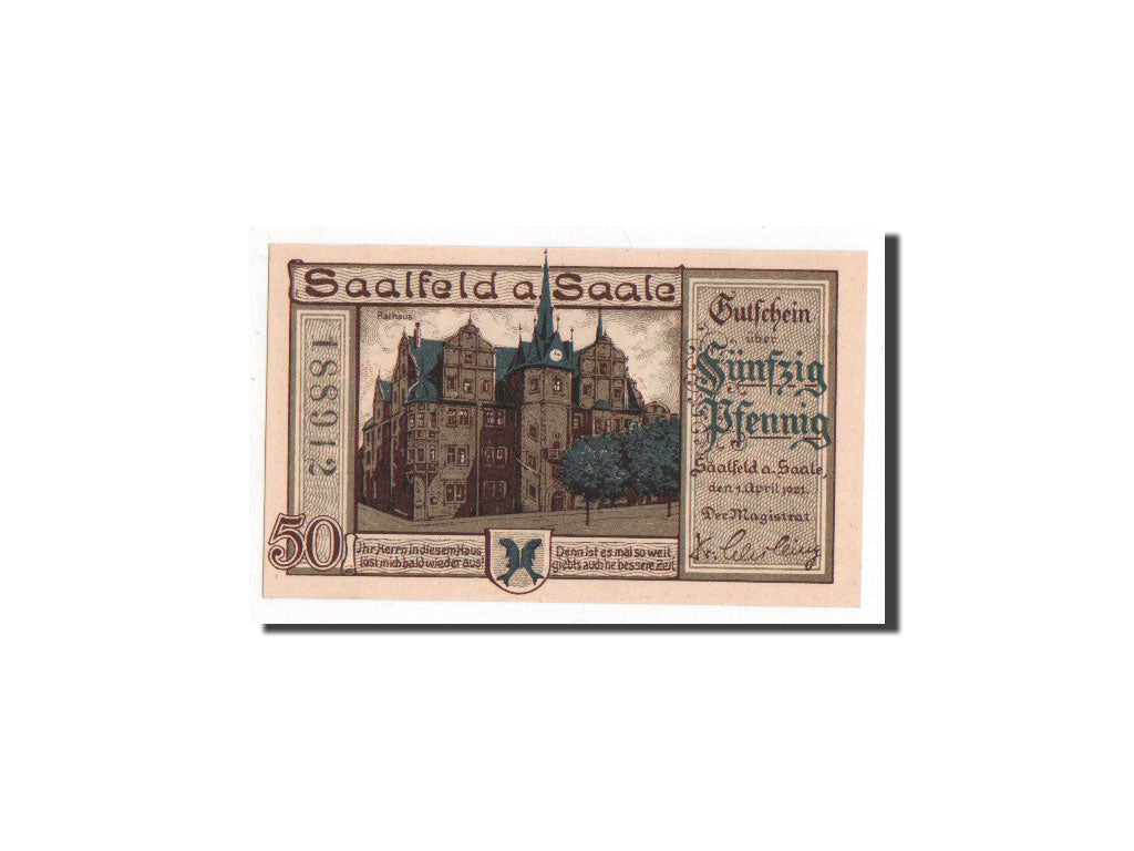 Banknote, Germany, Saalfeld, 50 Pfennig, 1921, UNC(65-70), Mehl:1155.1a