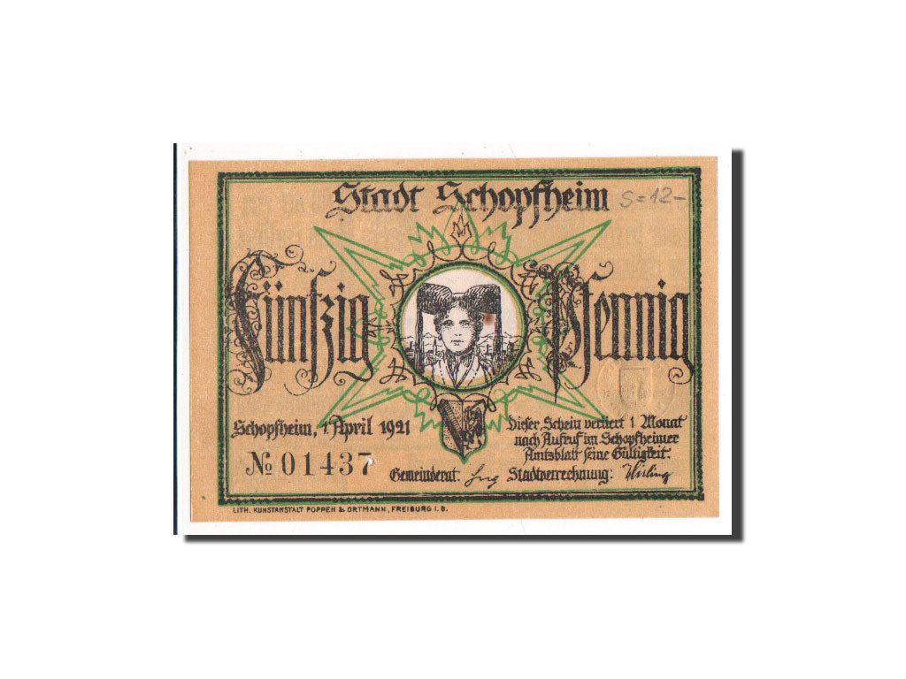 Banknote, Germany, Schopfheim Stadt, 50 Pfennig, 1921, UNC(65-70), Mehl:1201.2