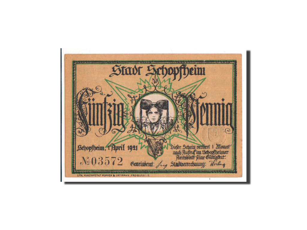 Geldschein, Deutschland, Schopfheim Stadt, 50 Pfennig, 1921, UNZ, Mehl:1201.2