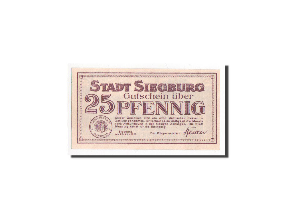Banconote, Germania, Siegburg, 25 Pfennig, 1921, FDS, Mehl:1225.1