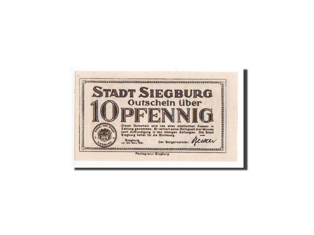 Banknote, Germany, Siegburg, 10 Pfennig, 1921, UNC(65-70), Mehl:1225.1